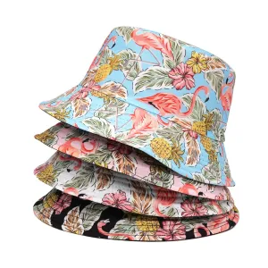 Vintage Floral Flamingo Bucket Hat boater hat with bow in beach sunlight