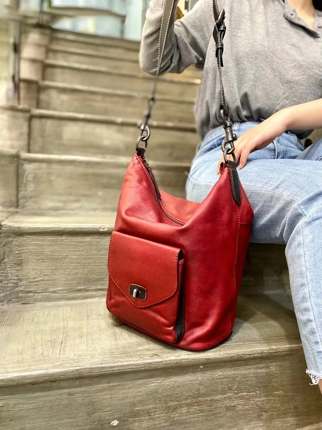 Vintage Full Grain Leather Hobo Shoulder Bag ?? Handcrafted Cowhide Leather Bucket Bag