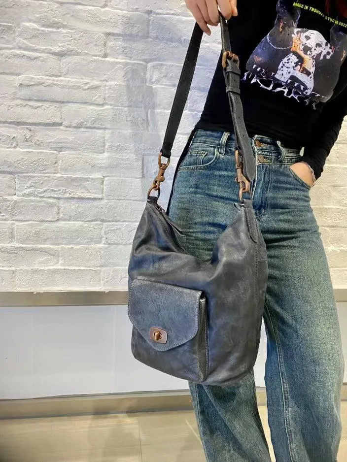Vintage Full Grain Leather Hobo Shoulder Bag ?? Handcrafted Cowhide Leather Bucket Bag