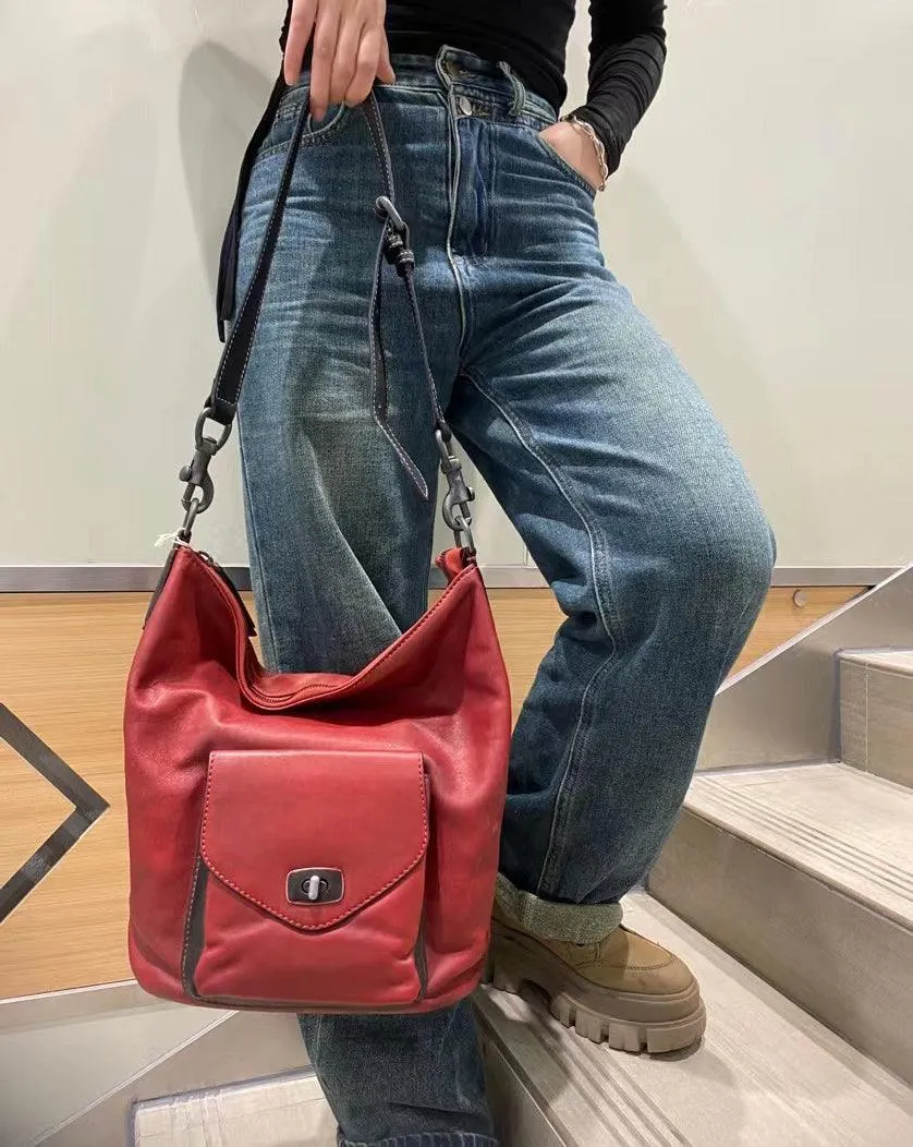 Vintage Full Grain Leather Hobo Shoulder Bag ?? Handcrafted Cowhide Leather Bucket Bag