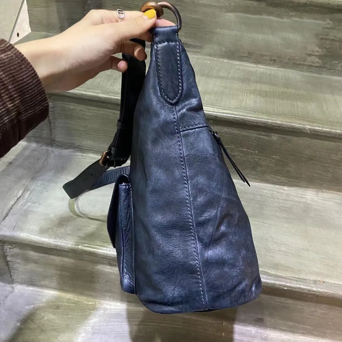 Vintage Full Grain Leather Hobo Shoulder Bag ?? Handcrafted Cowhide Leather Bucket Bag