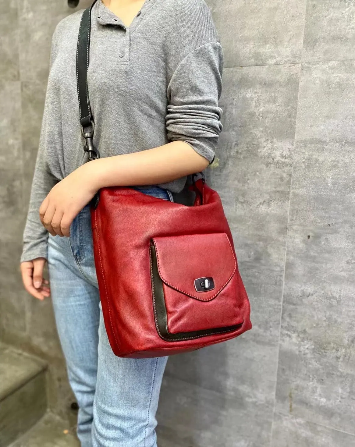 Vintage Full Grain Leather Hobo Shoulder Bag ?? Handcrafted Cowhide Leather Bucket Bag