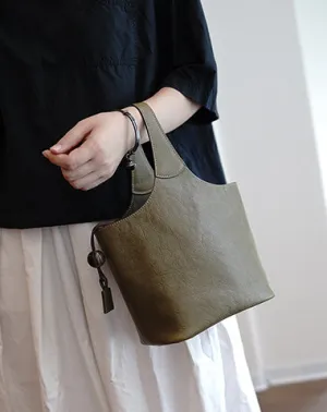 Vintage Green Leather Small Bucket Handbag Women Handmade Small Barrel Bag for Women cheap online