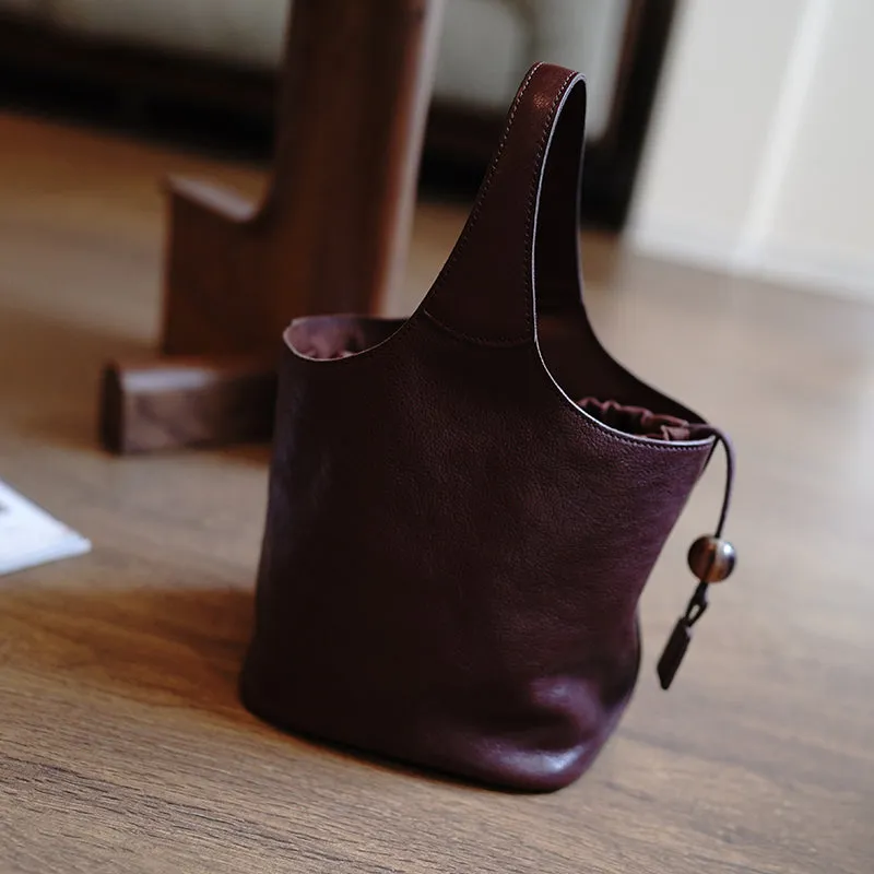 Vintage Green Leather Small Bucket Handbag Women Handmade Small Barrel Bag for Women