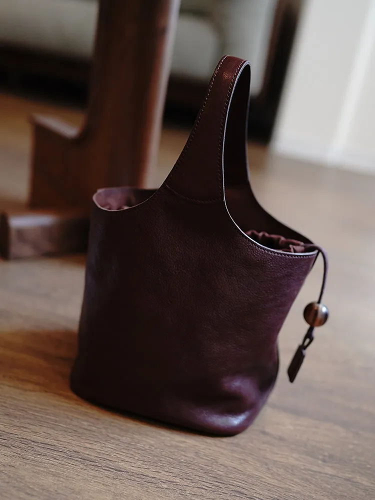 Vintage Green Leather Small Bucket Handbag Women Handmade Small Barrel Bag for Women