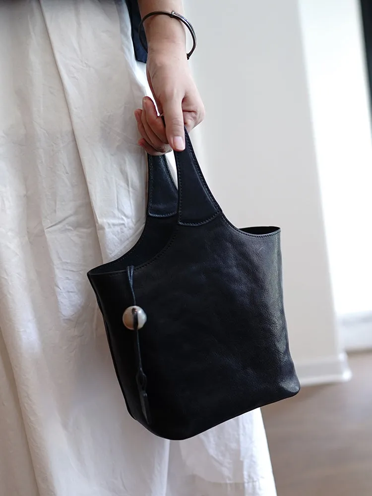 Vintage Green Leather Small Bucket Handbag Women Handmade Small Barrel Bag for Women