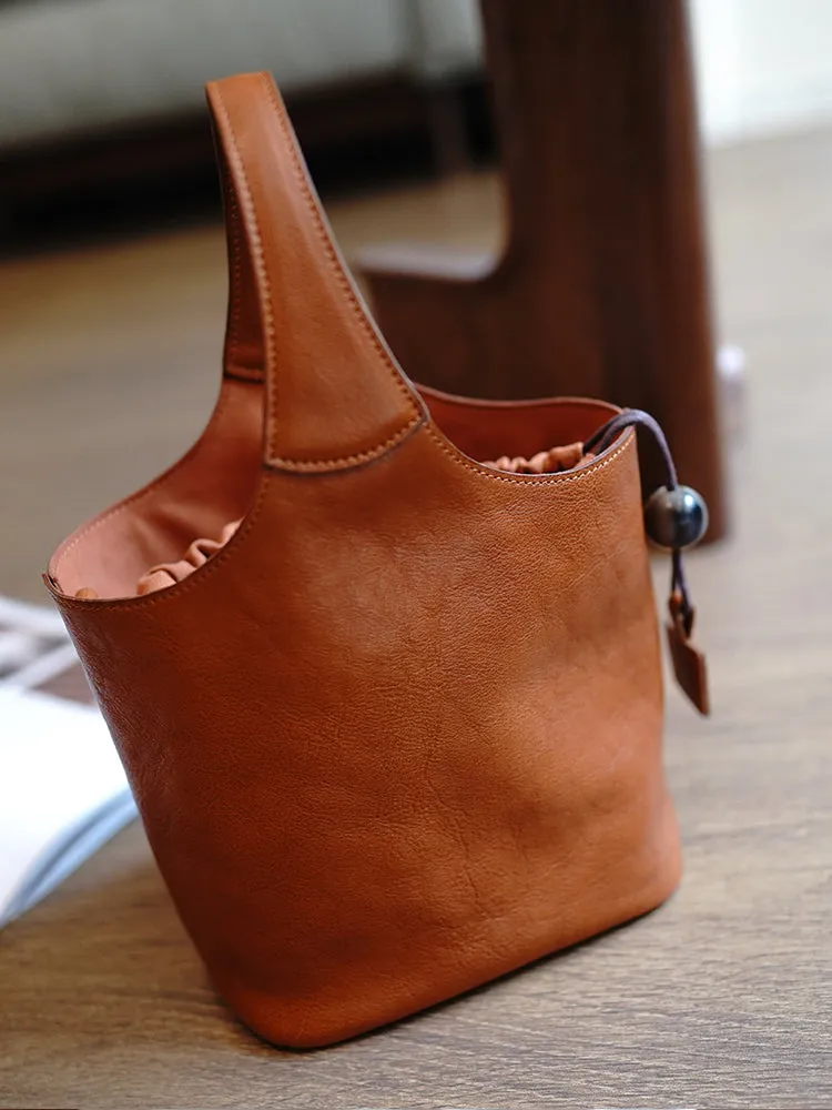 Vintage Green Leather Small Bucket Handbag Women Handmade Small Barrel Bag for Women