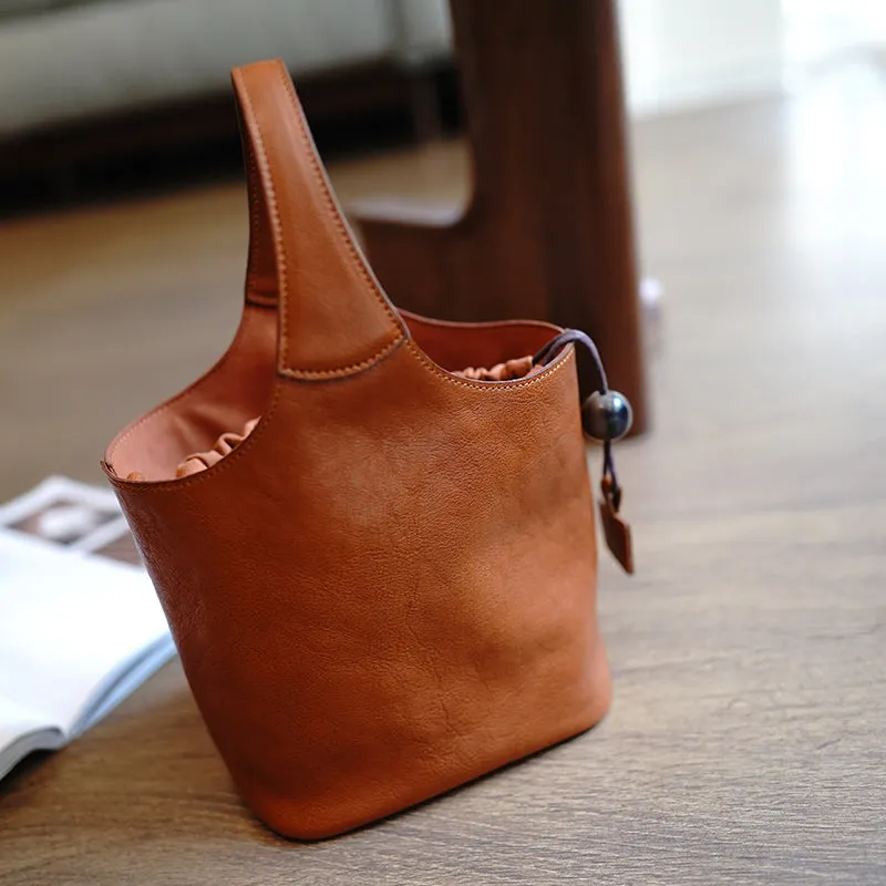 Vintage Green Leather Small Bucket Handbag Women Handmade Small Barrel Bag for Women