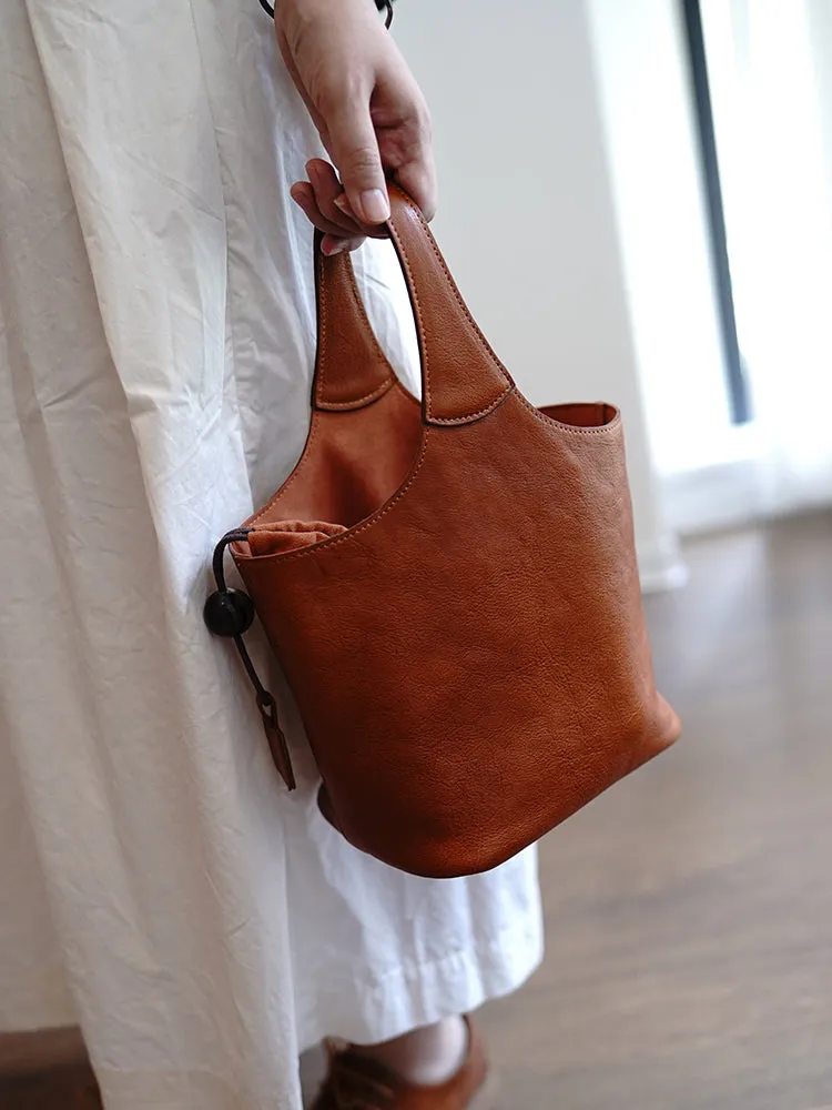 Vintage Green Leather Small Bucket Handbag Women Handmade Small Barrel Bag for Women