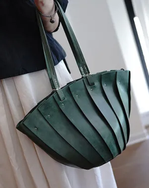 Vintage Green Leather Splicing Bucket Handbag Tote Women Handmade Shoulder Tote Bag for Women cheap online