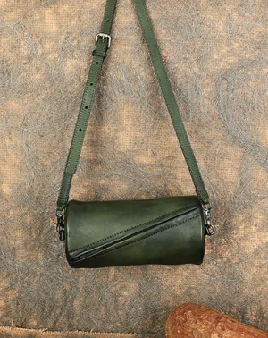 Vintage Green Leather Womens Barrel Shoulder Bag Bucket Crossbody Purse for Women cheap online