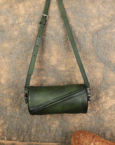 Vintage Green Leather Womens Barrel Shoulder Bag Bucket Crossbody Purse for Women cheap online