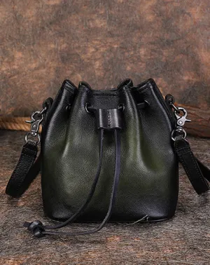 Vintage Green Leather Womens Bucket Shoulder Bags Bucket Crossbody Purse for Women cheap online