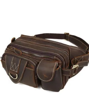 Vintage Large Brown Leather Men's Fanny Pack Brown Waist Bag Hip Pack For Men Brown