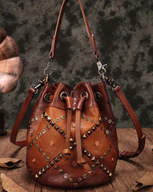 Vintage Leather Brown Bucket Handbag Shoulder Bag Purple Barrel Purse For Women cheap online