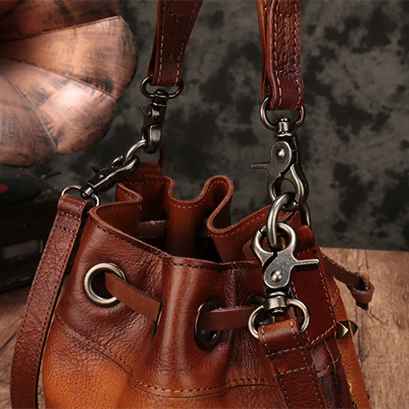Vintage Leather Brown Bucket Handbag Shoulder Bag Purple Barrel Purse For Women