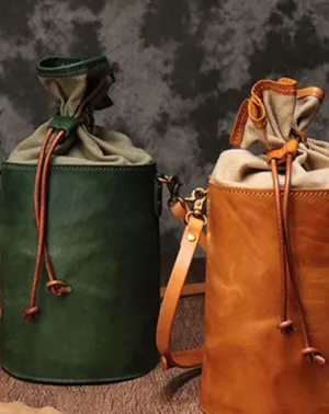 Vintage Leather Brown Bucket Shoulder Bag Barrel Crossbody Purse For Women cheap online