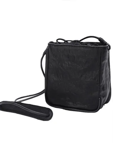Vintage Leather Small Black Bucket Shoulder Bag Black Barrel Crossbody Purse For Women cheap online