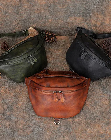 Vintage Leather Waist Bag Fanny Pack Vintage Handmade Hip Packs for Men Black Gray