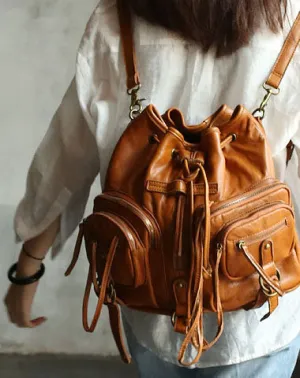 Vintage LEATHER WOMEN Barrel Backpack Handmade School Bucket Backpack FOR WOMEN cheap online