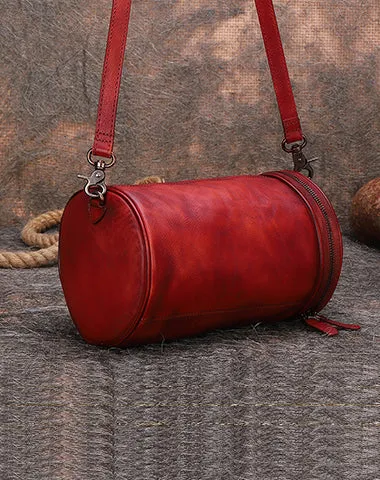 Vintage Leather Womens Barrel Shoulder Bag Bucket Crossbody Purse for Women
