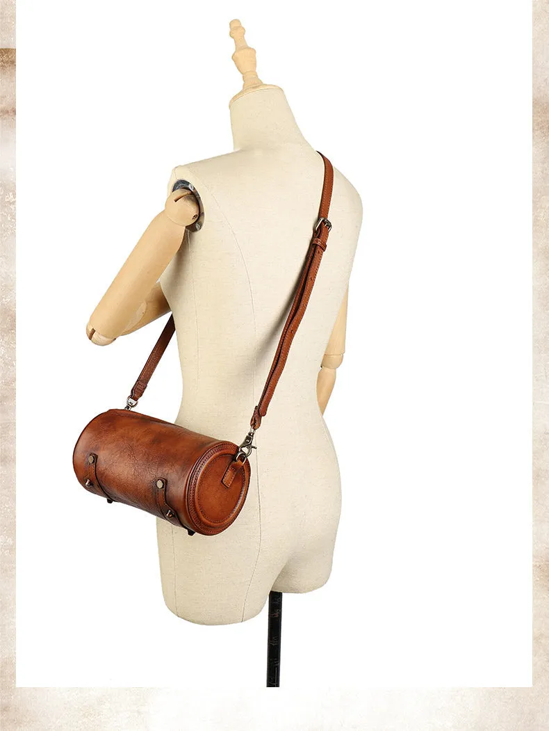 Vintage Leather Womens Barrel Shoulder Bags Bucket Crossbody Purse for Women