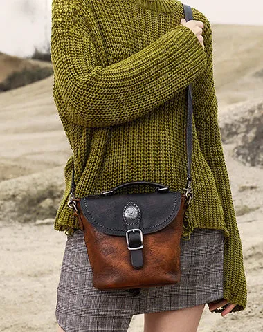 Vintage Leather Womens Bucket Brown Shoulder Bag Handmade Barrel Crossbody Purse for Ladies cheap online
