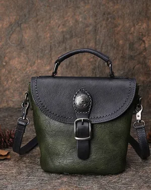 Vintage Leather Womens Bucket Green Shoulder Bag Handmade Barrel Crossbody Purse for Ladies cheap online
