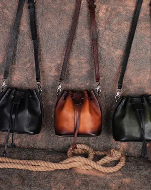 Vintage Leather Womens Bucket Shoulder Bags Bucket Crossbody Purse for Women cheap online