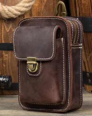 Vintage Mens Leather Belt Pouch Small Belt Cases Small Hip Pouch Waist Bag for Men Coffee