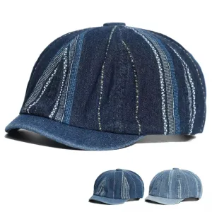 Vintage Striped Denim Newsboy Cap boater hat with bow in beach sunlight