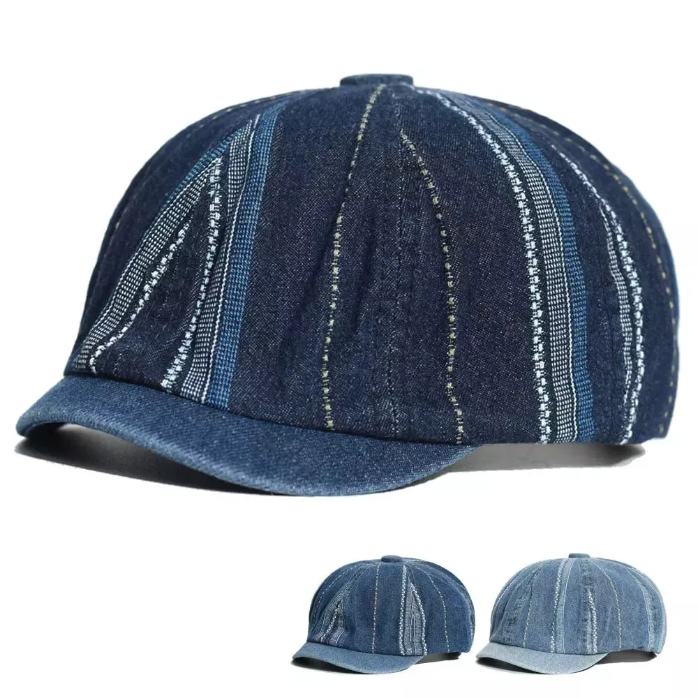 Vintage Striped Denim Newsboy Cap boater hat with bow in beach sunlight