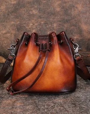 Vintage Tan Leather Womens Bucket Shoulder Bags Bucket Crossbody Purse for Women cheap online