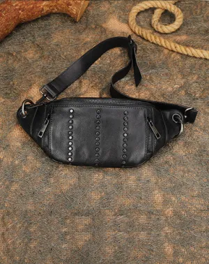 Vintage Women Black Gray Leather Rivet Waist Bag Fanny Pack Handmade Shoulder Rivet Hip Packs for Women Black Gray