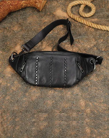Vintage Women Black Gray Leather Rivet Waist Bag Fanny Pack Handmade Shoulder Rivet Hip Packs for Women Black Gray