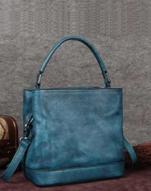 Vintage Women Blue Bucket Handbag Leather Brown Shoulder Barrel Bag Bucket Bag for Ladies cheap online
