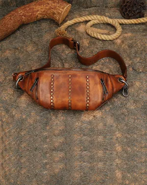 Vintage Women Brown Leather Rivet Waist Bag Fanny Pack Handmade Shoulder Rivet Hip Packs for Women Black Gray
