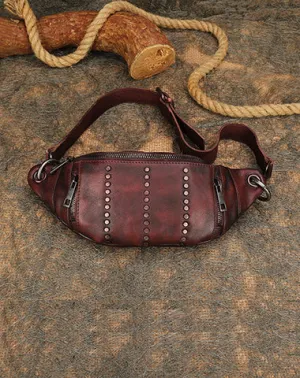 Vintage Women Coffee Leather Rivet Waist Bag Fanny Pack Handmade Shoulder Rivet Hip Packs for Women Black Gray