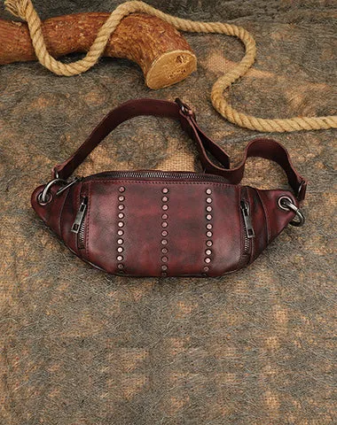 Vintage Women Coffee Leather Rivet Waist Bag Fanny Pack Handmade Shoulder Rivet Hip Packs for Women Black Gray