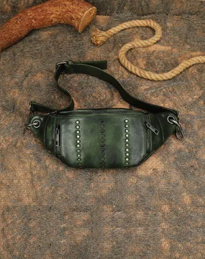 Vintage Women Green Leather Rivet Waist Bag Fanny Pack Handmade Shoulder Rivet Hip Packs for Women Black Gray
