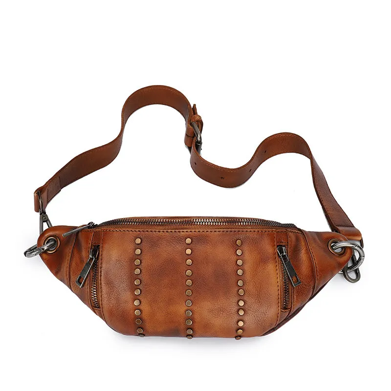 Vintage Women Leather Rivet Waist Bag Fanny Pack Handmade Rivet Hip Packs for Women