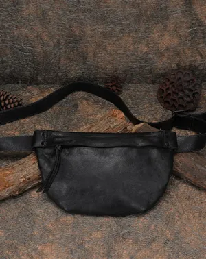 Vintage Women Leather Waist Bag Black Gray Fanny Pack Handmade Hip Packs for Women Black Gray