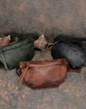 Vintage Women Leather Waist Bag Fanny Pack Handmade Hip Packs for Women Black Gray