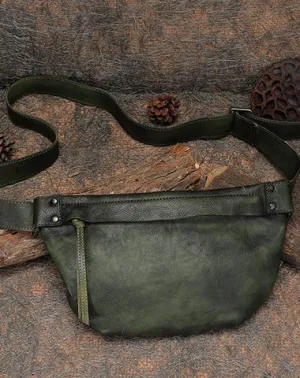 Vintage Women Leather Waist Bag Green Fanny Pack Handmade Hip Packs for Women Black Gray