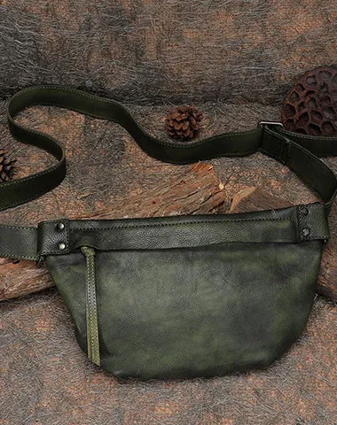 Vintage Women Leather Waist Bag Green Fanny Pack Handmade Hip Packs for Women Black Gray