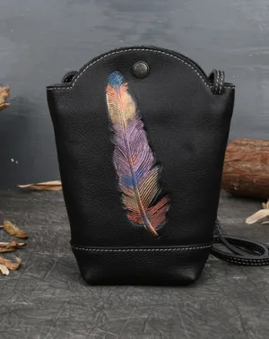Vintage Womens Black Leather Shoulder Bucket Bag leather phone Bucket bag for women Side bag crossbody bag cheap online