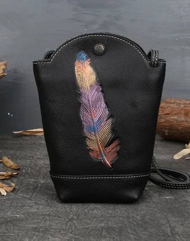 Vintage Womens Black Leather Shoulder Bucket Bag leather phone Bucket bag for women Side bag crossbody bag cheap online