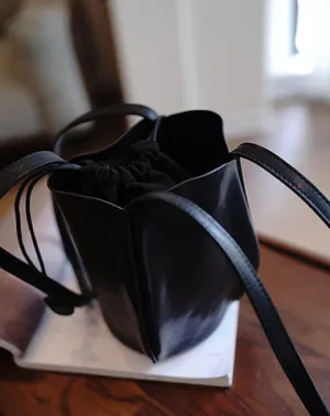 Vintage Womens Black Leather Small Bucket Shoulder Bag Flower Bud Bucket Purse for Women cheap online