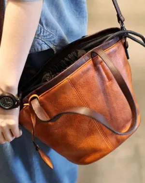 Vintage Womens Brown Leather Barrel Handbag Drawstring Bucket Bag Tan Bucket Shoulder Bag cheap online