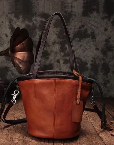 Vintage Womens Brown Leather Bucket Purse Bucket Handbags Shoulder Barrel Bag Crossbody Purse for Ladies cheap online